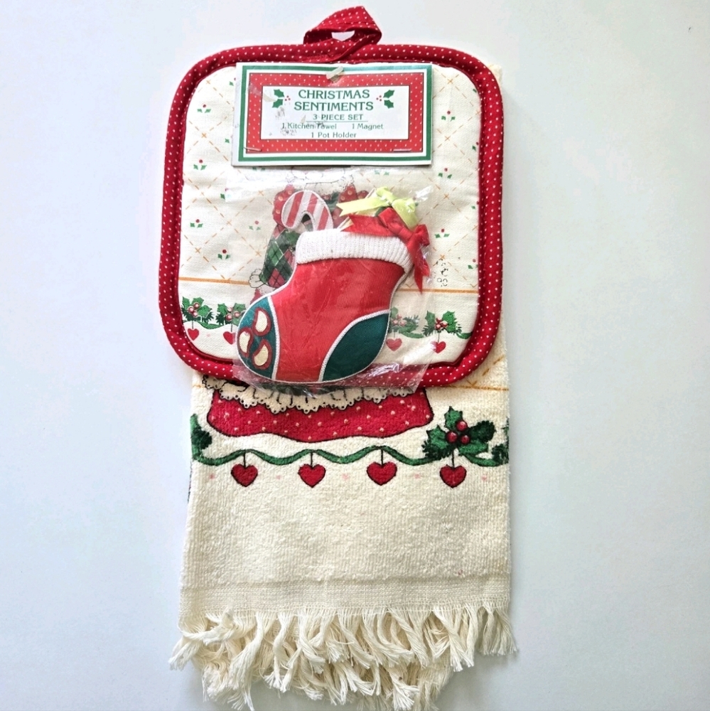 Vintage Christmas Sentiments Kitchen Towel Magnet Potholder Bunny Cottagecore